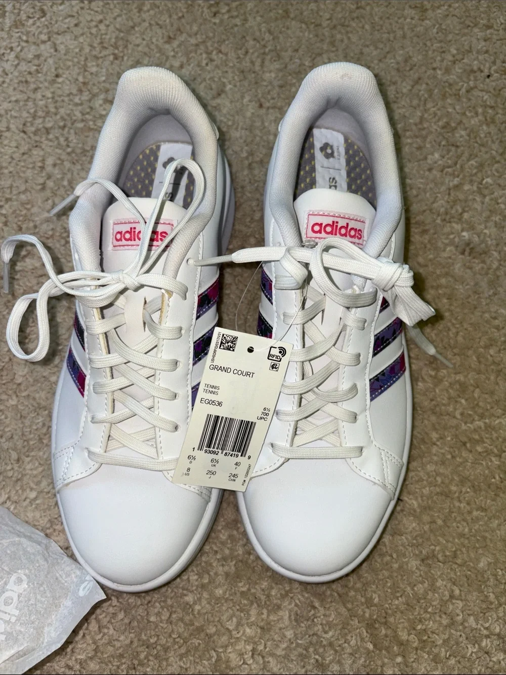 adidas Women’s Grand Court White Sneakers with Pink & Purple Stripes